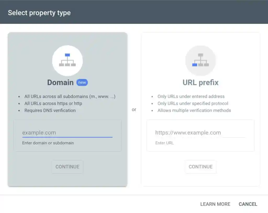 how to select a property type in Google search console